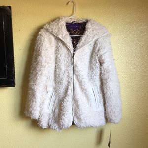 Madden Girl. 100% polyester fur coat w/hood.